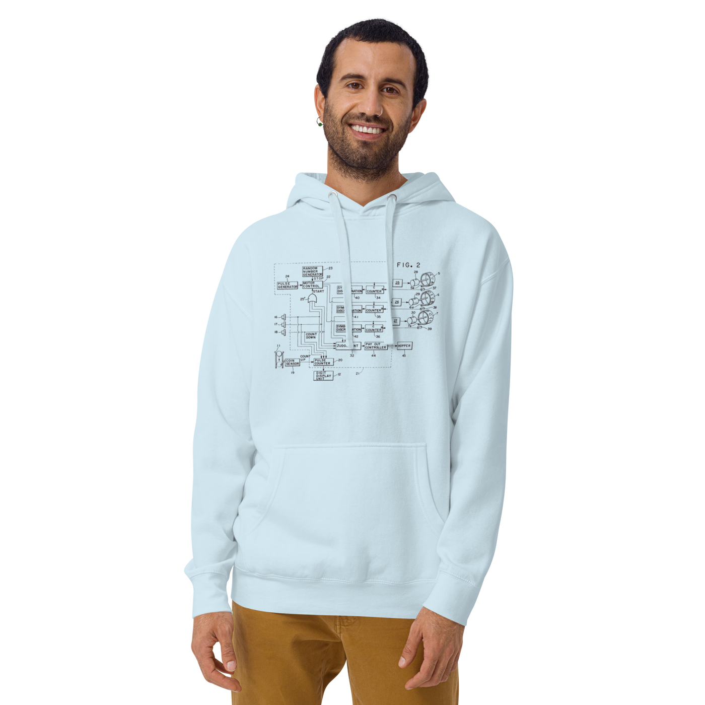 Light blue hoodie with slot machine circuit diagram design for players and pros
