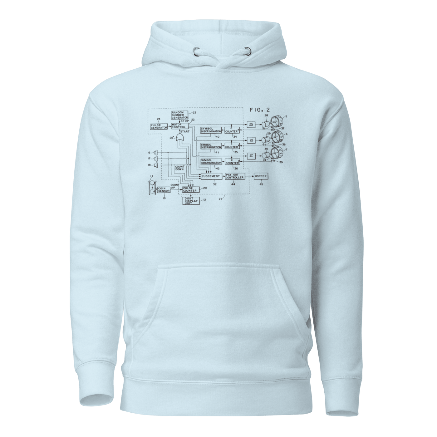 Light blue hoodie featuring a slot machine circuit diagram design for players and professionals