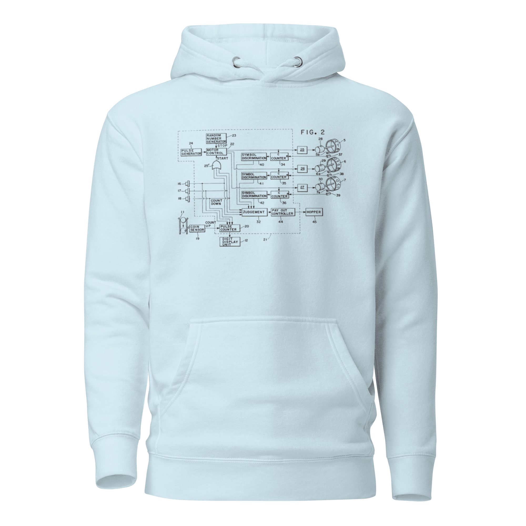 Light blue hoodie featuring a slot machine circuit diagram design for players and professionals
