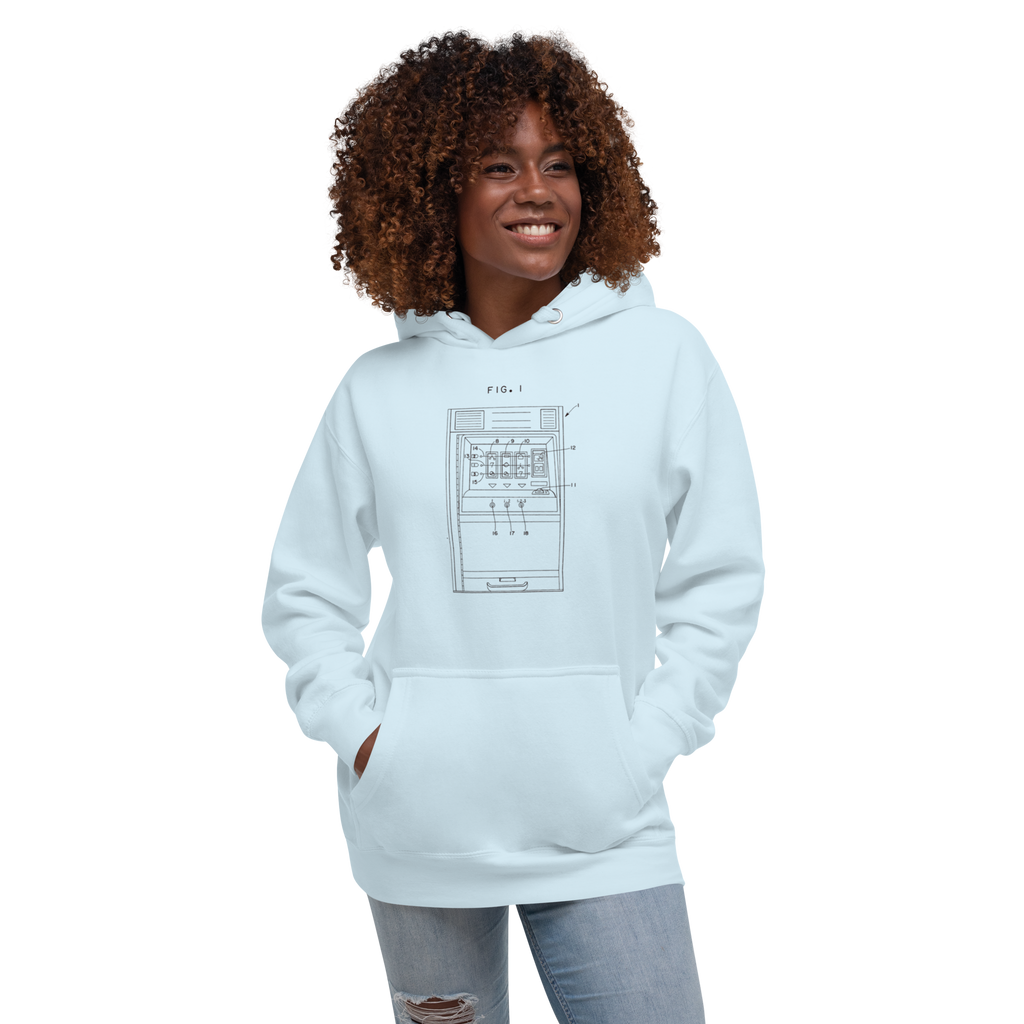 Light blue hoodie with slot machine diagram design, worn by smiling woman with curly hair