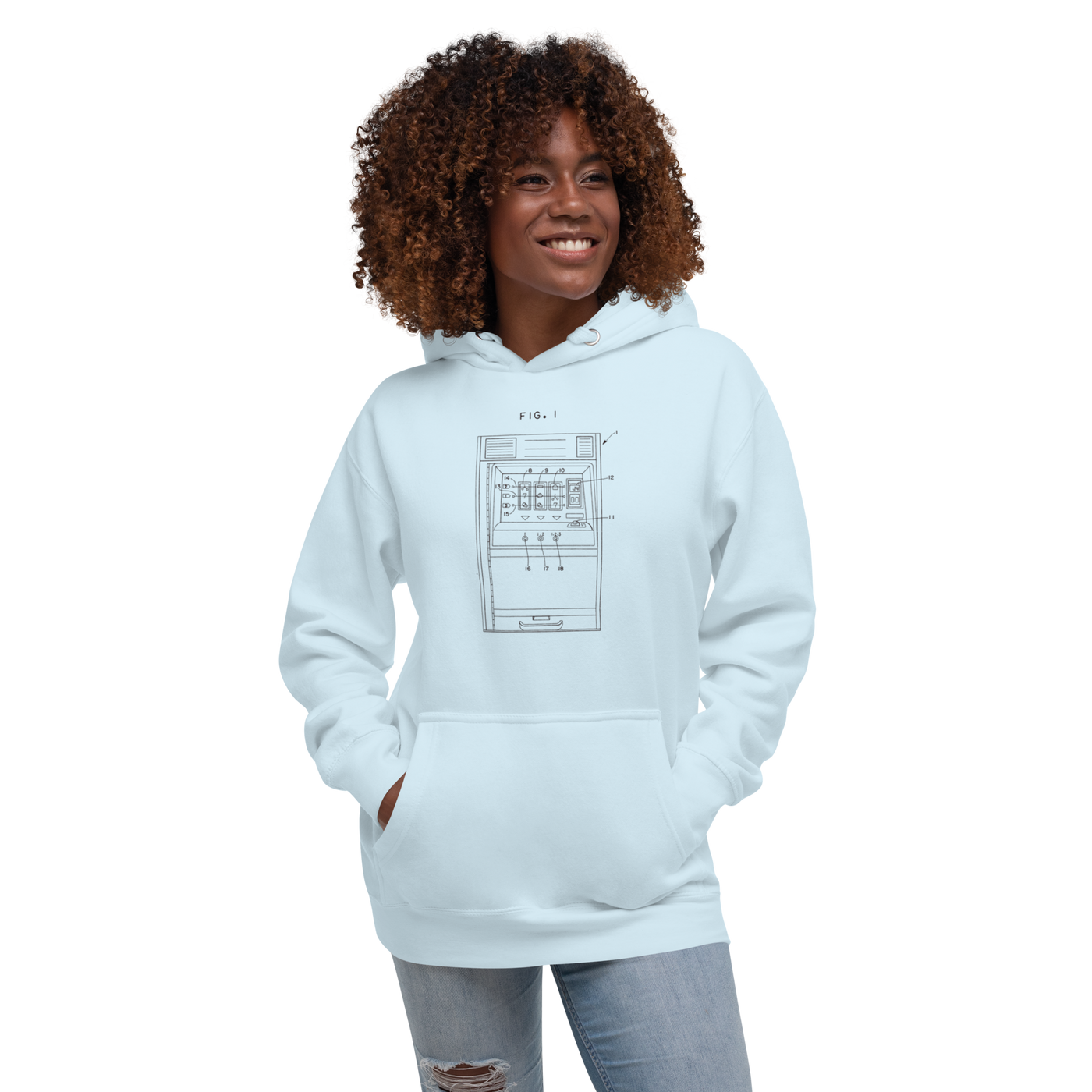Light blue hoodie with slot machine diagram design, worn by smiling woman with curly hair