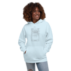 Light blue hoodie with slot machine diagram design, worn by smiling woman with curly hair