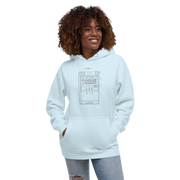 Light blue hoodie with slot machine diagram design, worn by smiling woman with curly hair