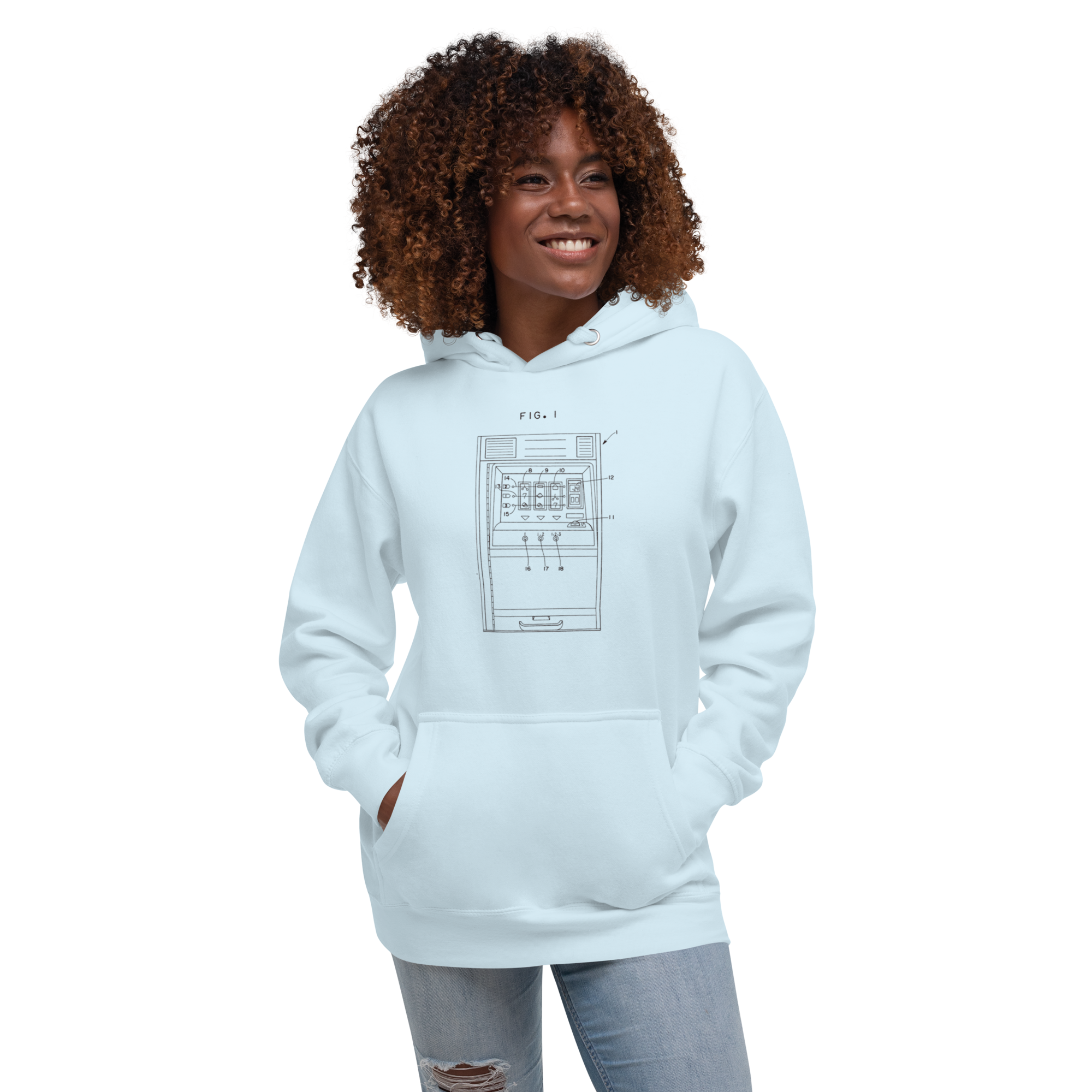 Light blue hoodie with slot machine diagram design, worn by smiling woman with curly hair