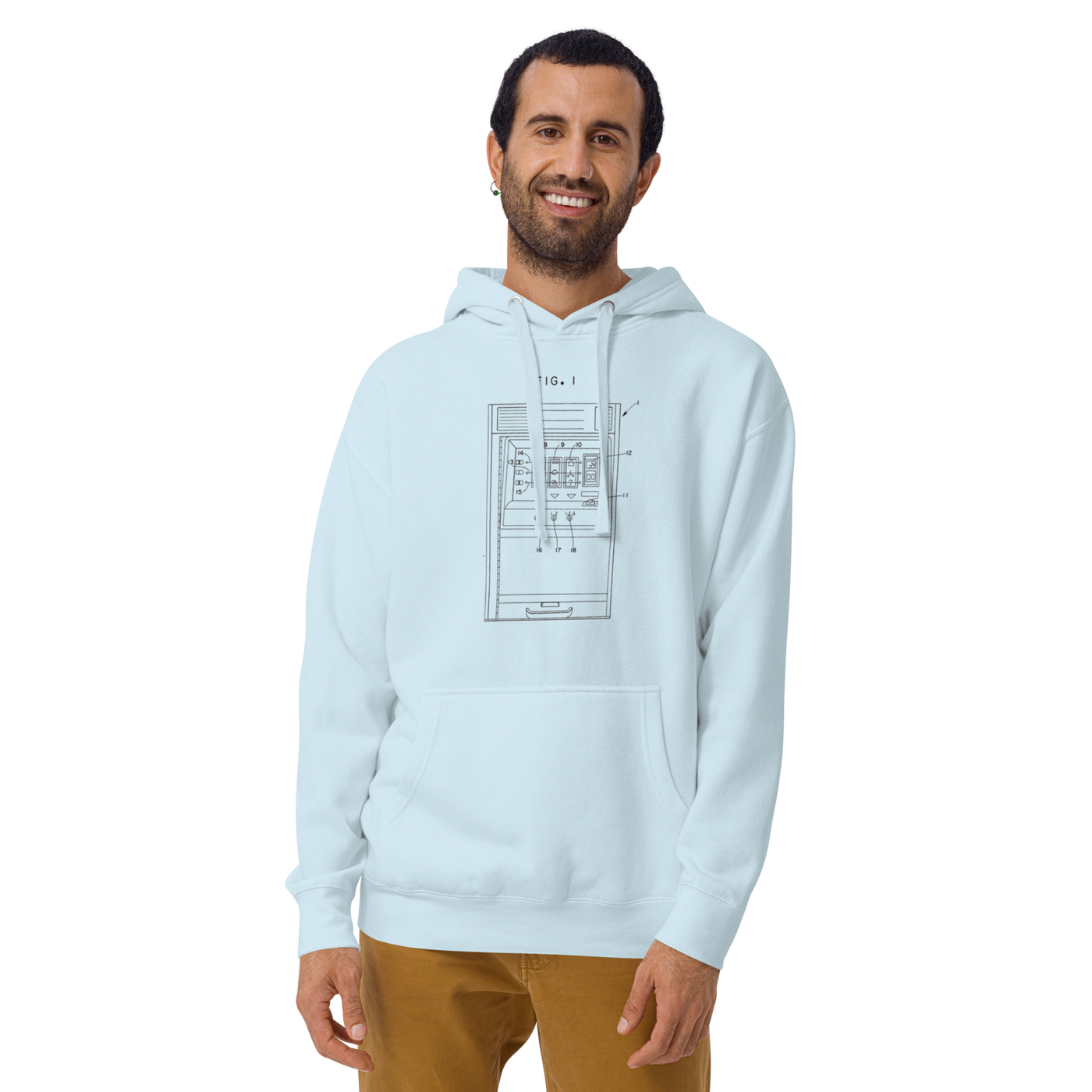 Man wearing light blue hoodie with slot machine diagram design, paired with brown pants.