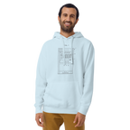Man wearing light blue hoodie with slot machine diagram design, paired with brown pants.