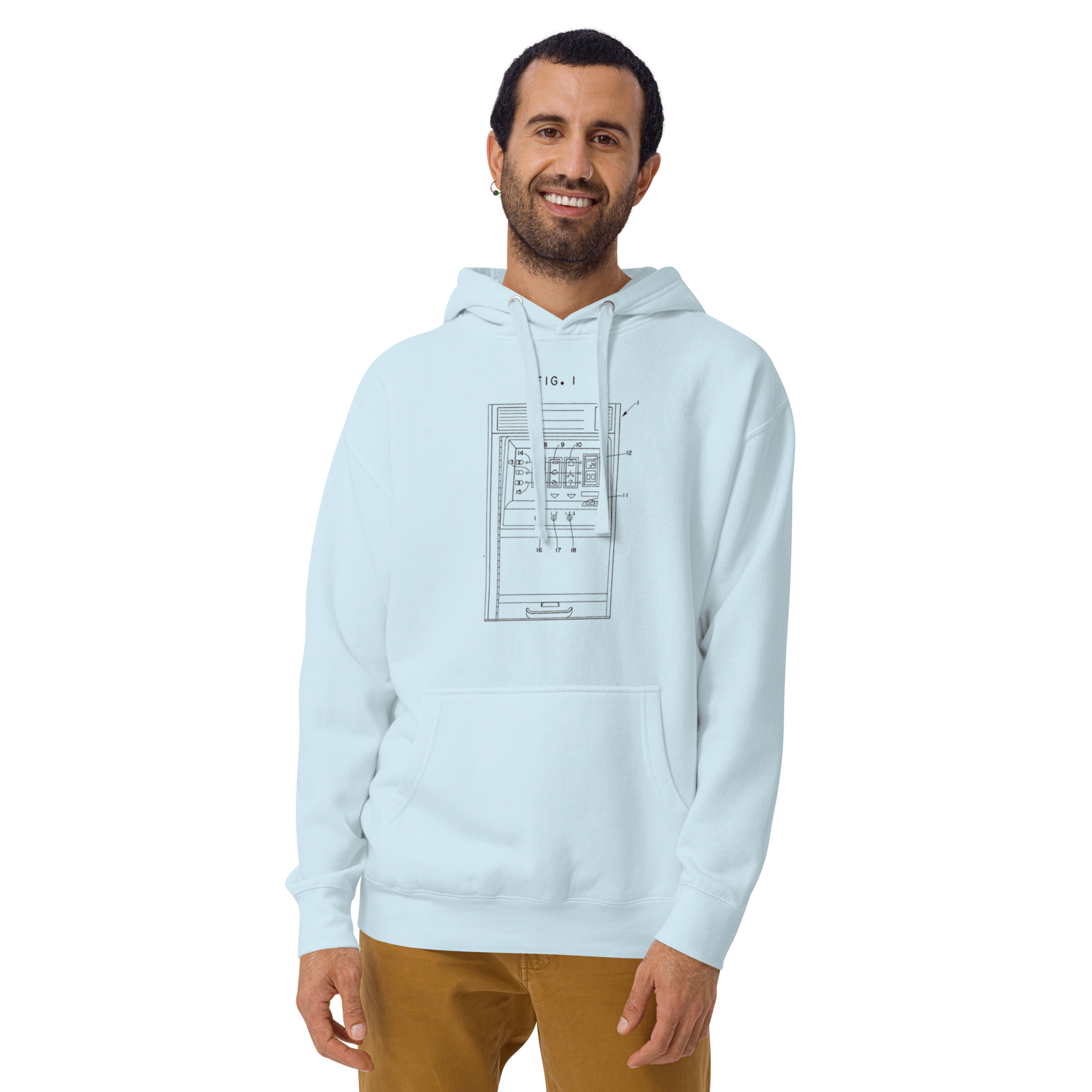 Man wearing light blue hoodie with slot machine diagram design, paired with brown pants.