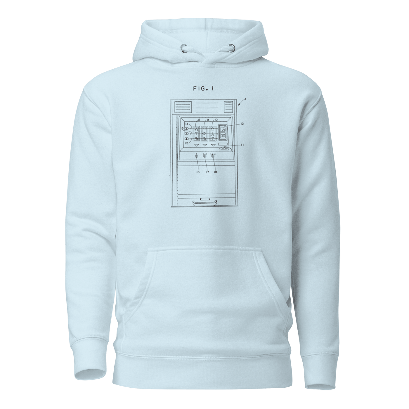 White hoodie with slot machine patent diagram print, quirky gaming apparel for players
