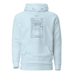 White hoodie with slot machine patent diagram print, quirky gaming apparel for players