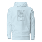 White hoodie with slot machine patent diagram print, quirky gaming apparel for players