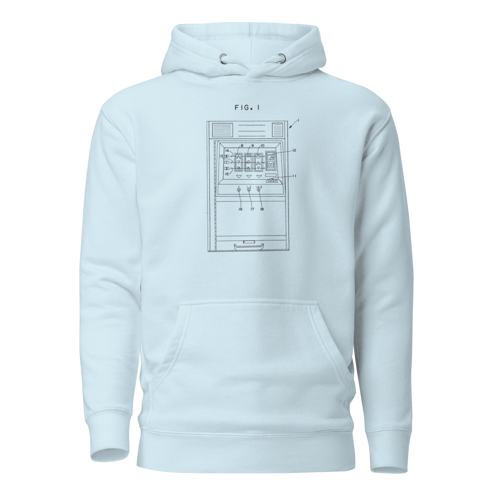 White hoodie with slot machine patent diagram print, quirky gaming apparel for players