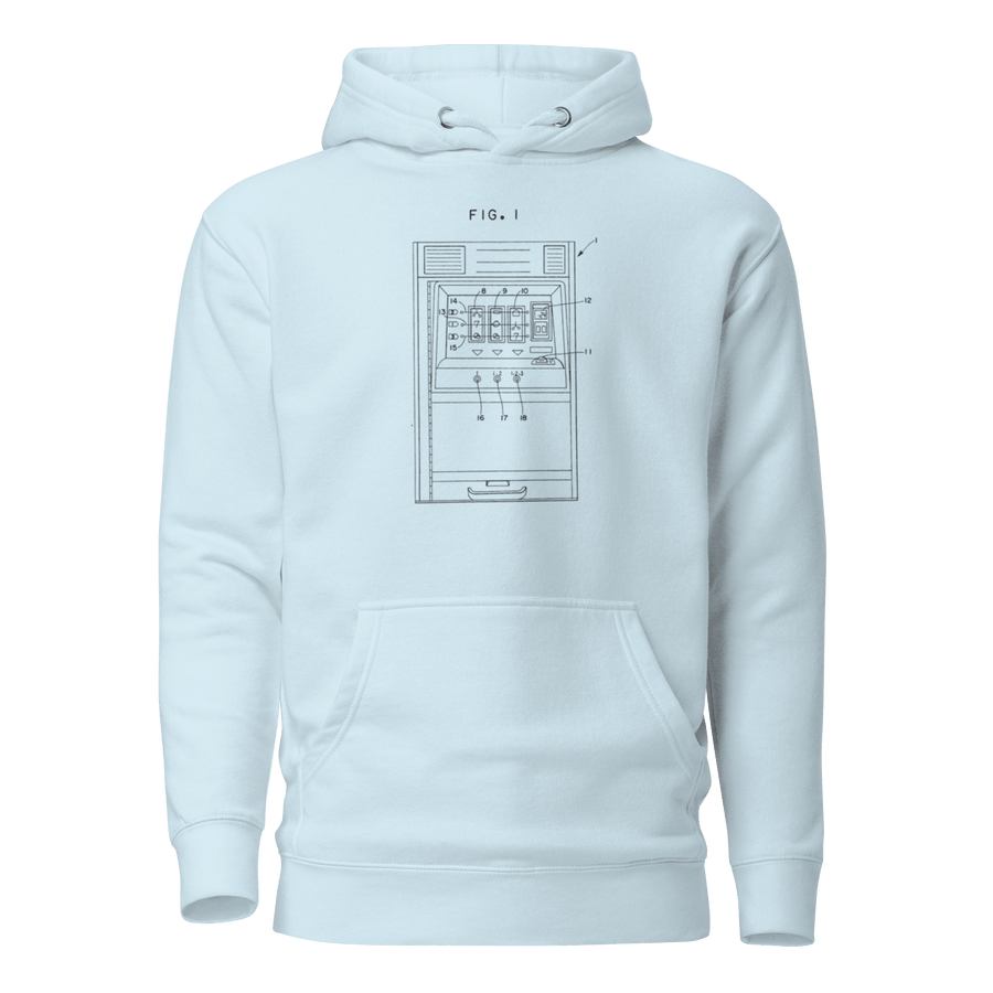 White hoodie with slot machine patent diagram print, quirky gaming apparel for players