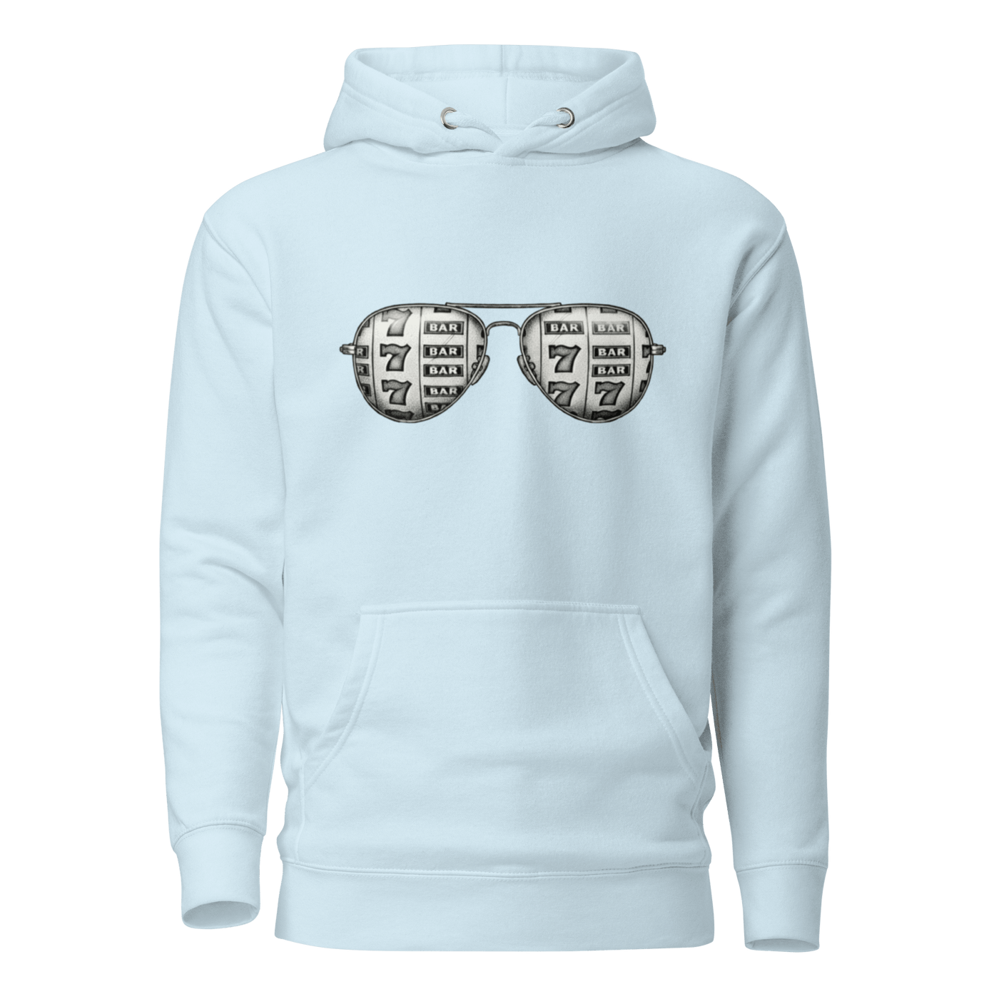 Light blue hoodie with slot machine-themed aviator sunglasses design, perfect for casino lovers