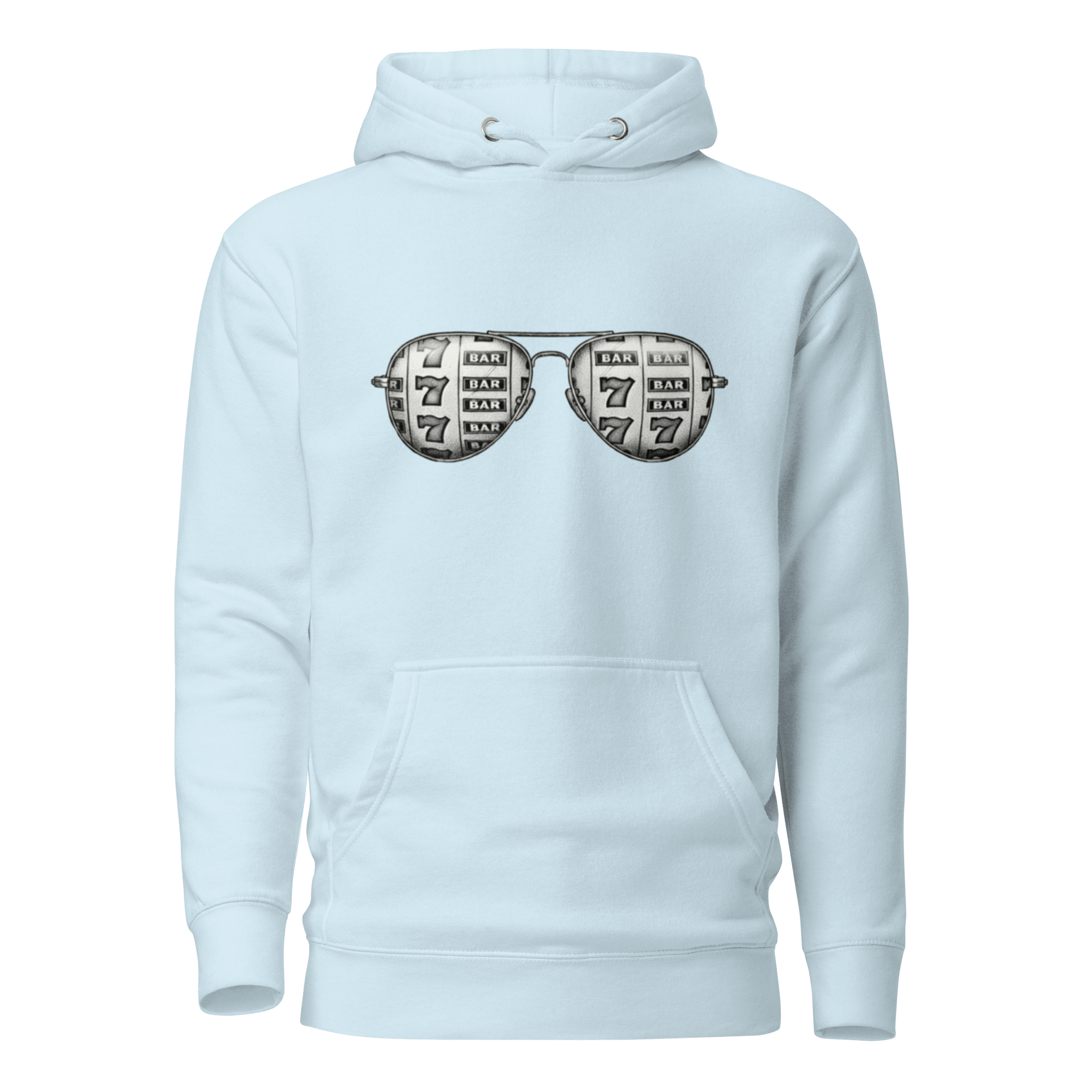 Light blue hoodie with slot machine-themed aviator sunglasses design, perfect for casino lovers