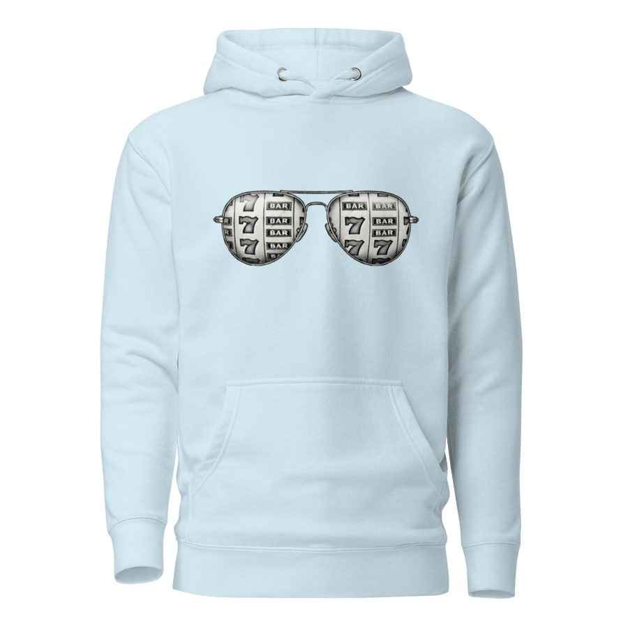 Light blue hoodie with slot machine-themed aviator sunglasses design, perfect for casino lovers