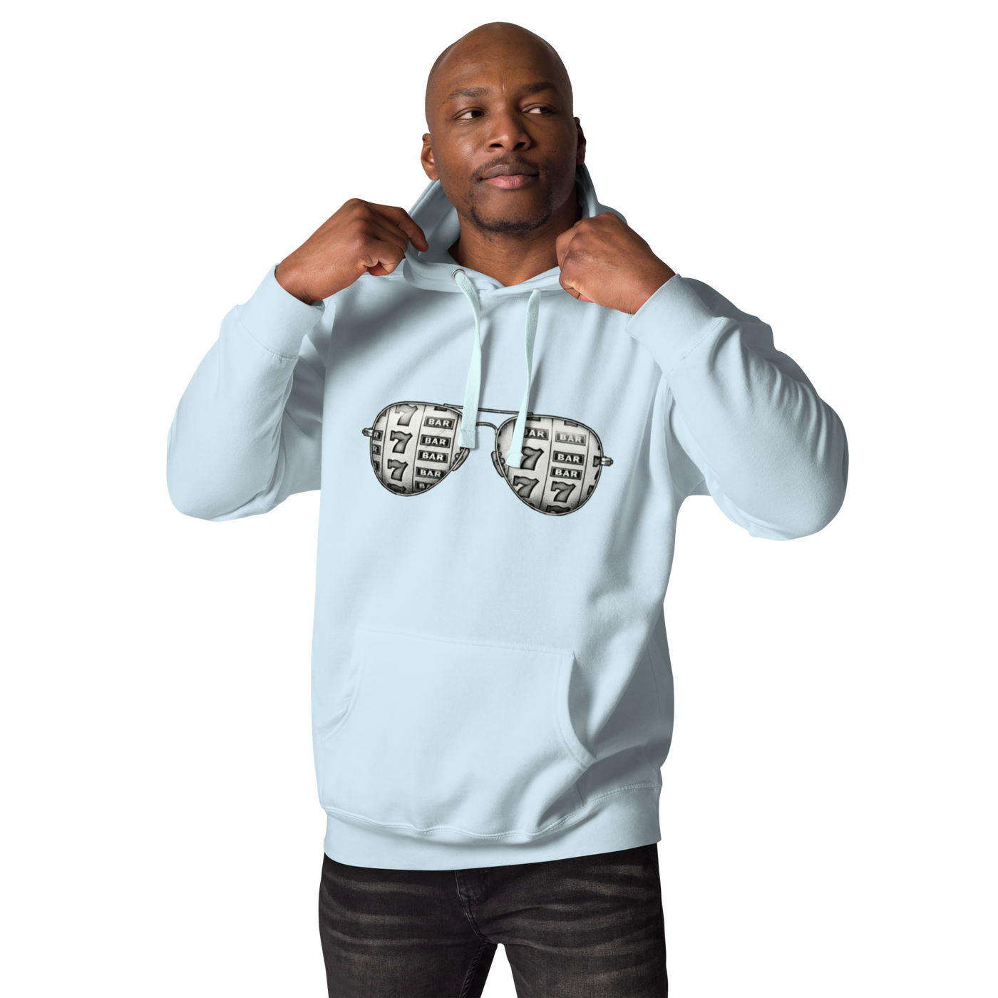 Light blue hoodie with slot machine-themed sunglasses design for quirky casino fashion