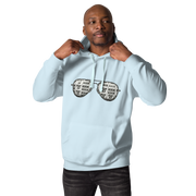 Light blue hoodie with slot machine-themed sunglasses design for quirky casino fashion