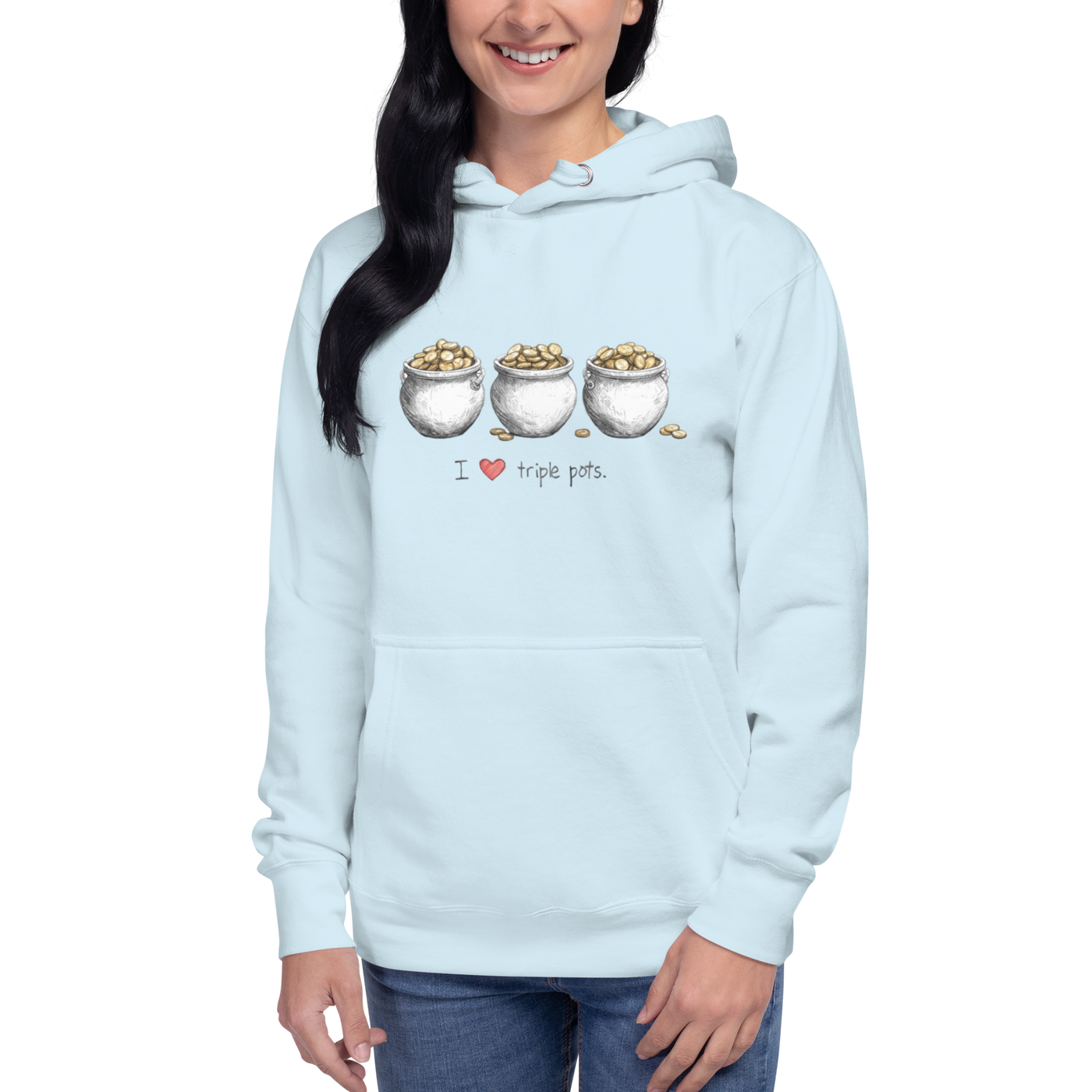 Light blue hoodie with 'I ❤️ triple pots' design and three pots of gold, perfect for slot-themed fashion.