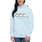 Light blue hoodie with 'I ❤️ triple pots' design and three pots of gold, perfect for slot-themed fashion.