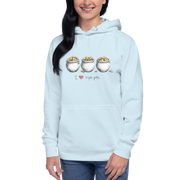 Light blue hoodie with 'I ❤️ triple pots' design and three pots of gold, perfect for slot-themed fashion.