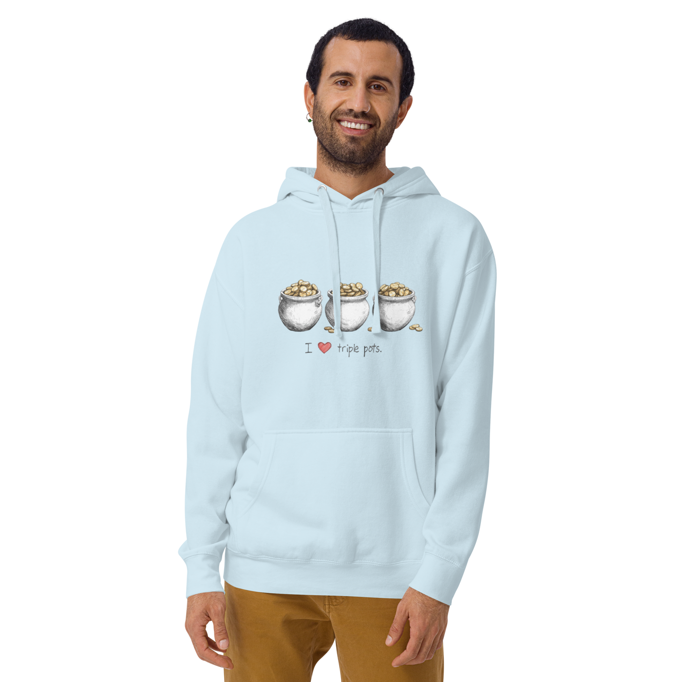 Man wearing light blue hoodie with 'I ❤️ triple pots' graphic, featuring three pots of gold coins, perfect for slot machine fans.