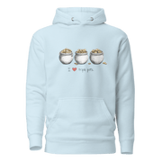 Light blue hoodie with 'I ❤️ triple pots' graphic, featuring three pots of gold coins, perfect for slot lovers.