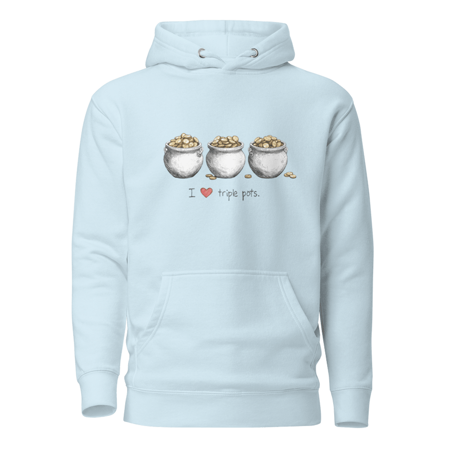 Light blue hoodie with 'I ❤️ triple pots' graphic, featuring three pots of gold coins, perfect for slot lovers.
