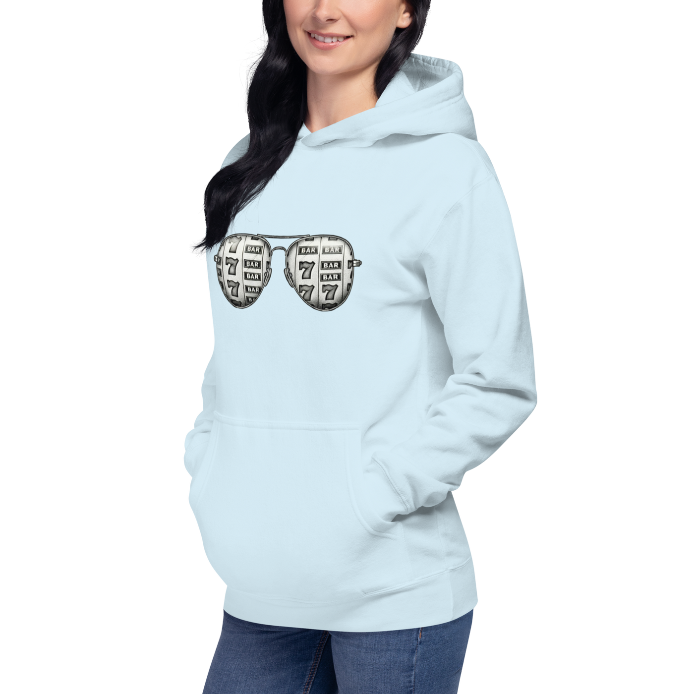 Light blue hoodie with slot machine sunglasses graphic, quirky casino-themed apparel for players