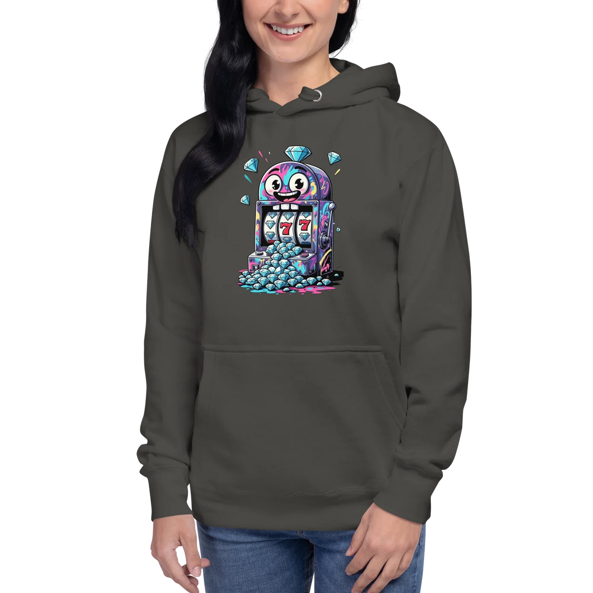 Quirky slot machine hoodie with colorful 777 design and diamond graphics for players
