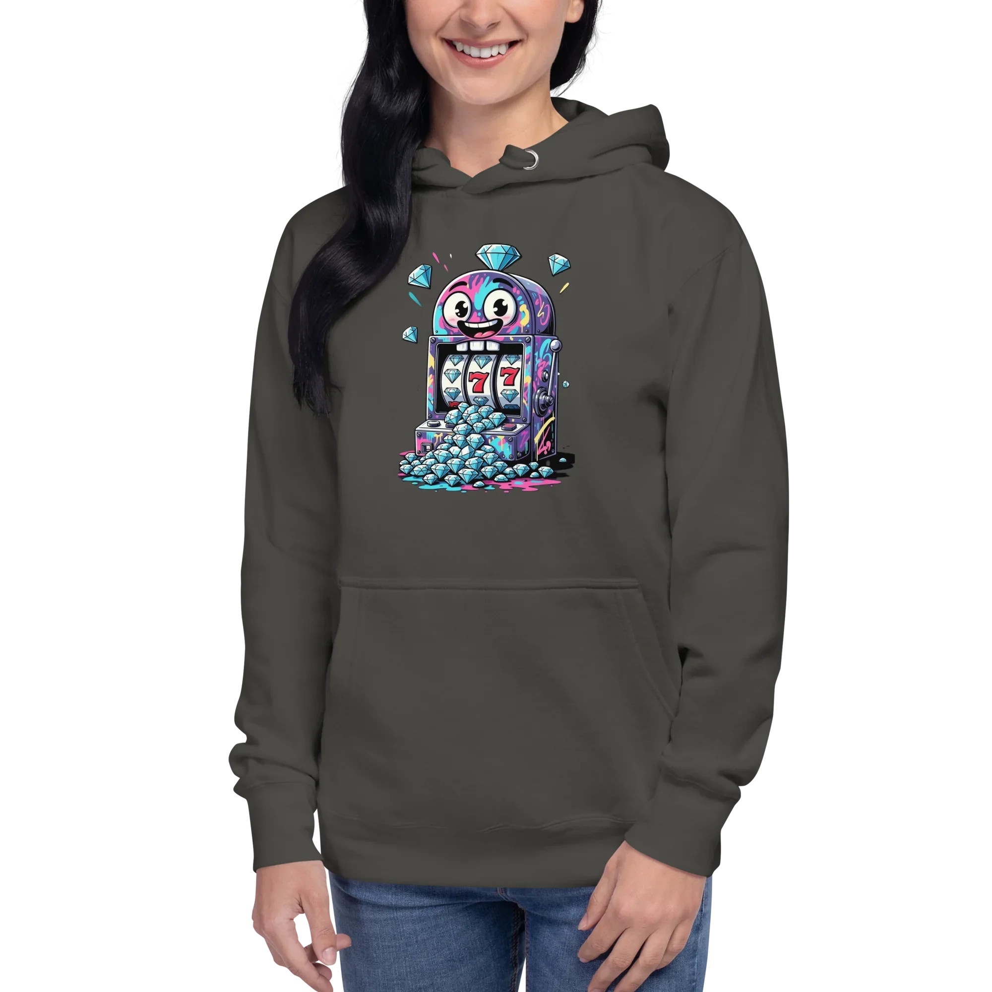 Quirky slot machine hoodie with colorful 777 design and diamond graphics for players