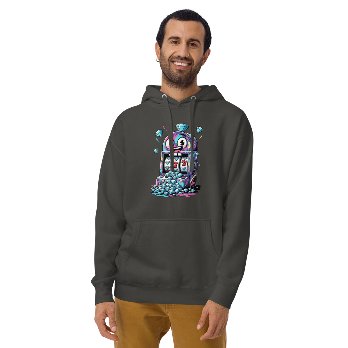 Man wearing hoodie with colorful slot machine design, diamonds, and lucky 7s for gaming fans