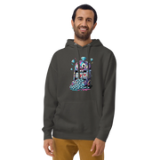Man wearing hoodie with colorful slot machine design, diamonds, and lucky 7s for gaming fans