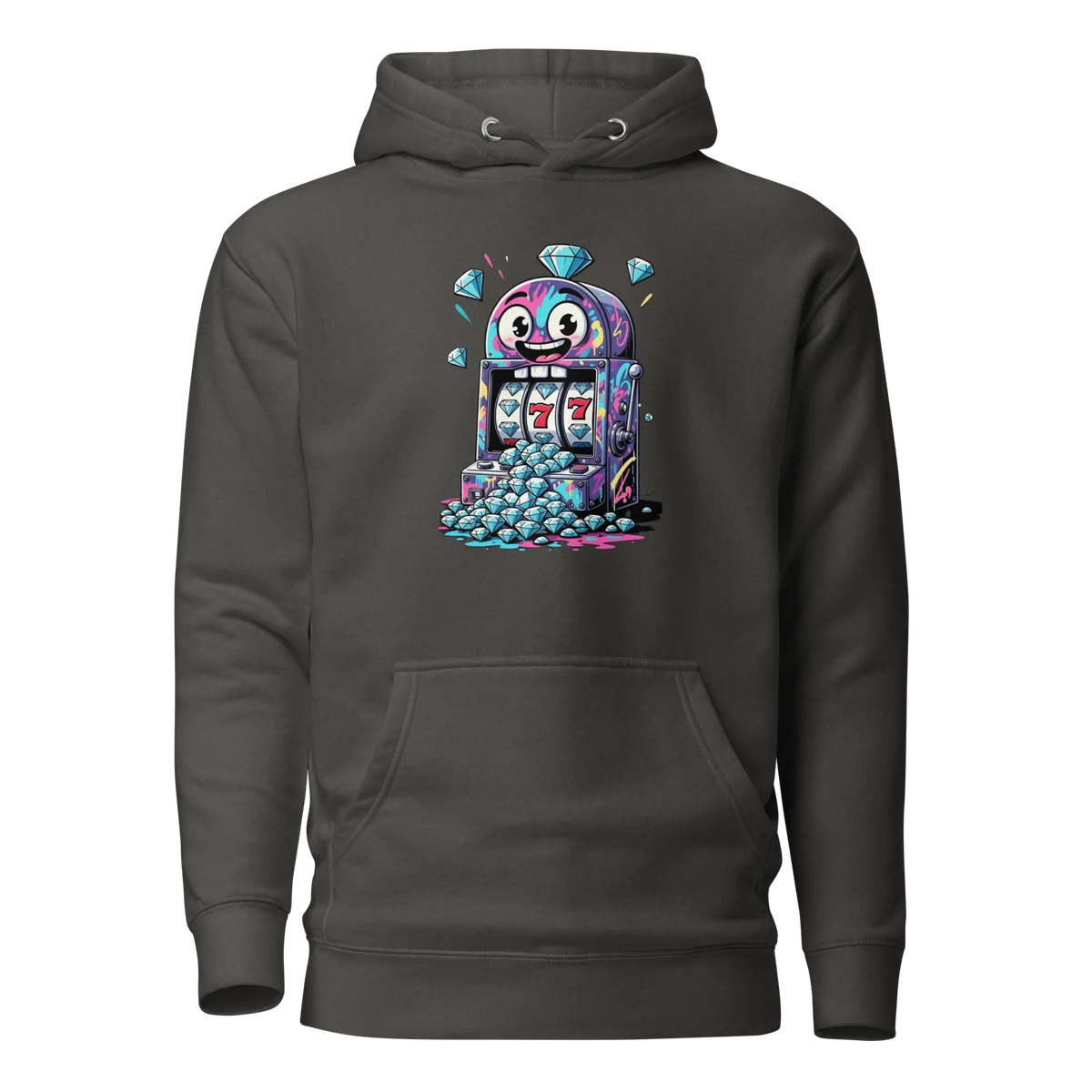 Quirky slot machine hoodie with colorful 777 design and diamond graphics for players