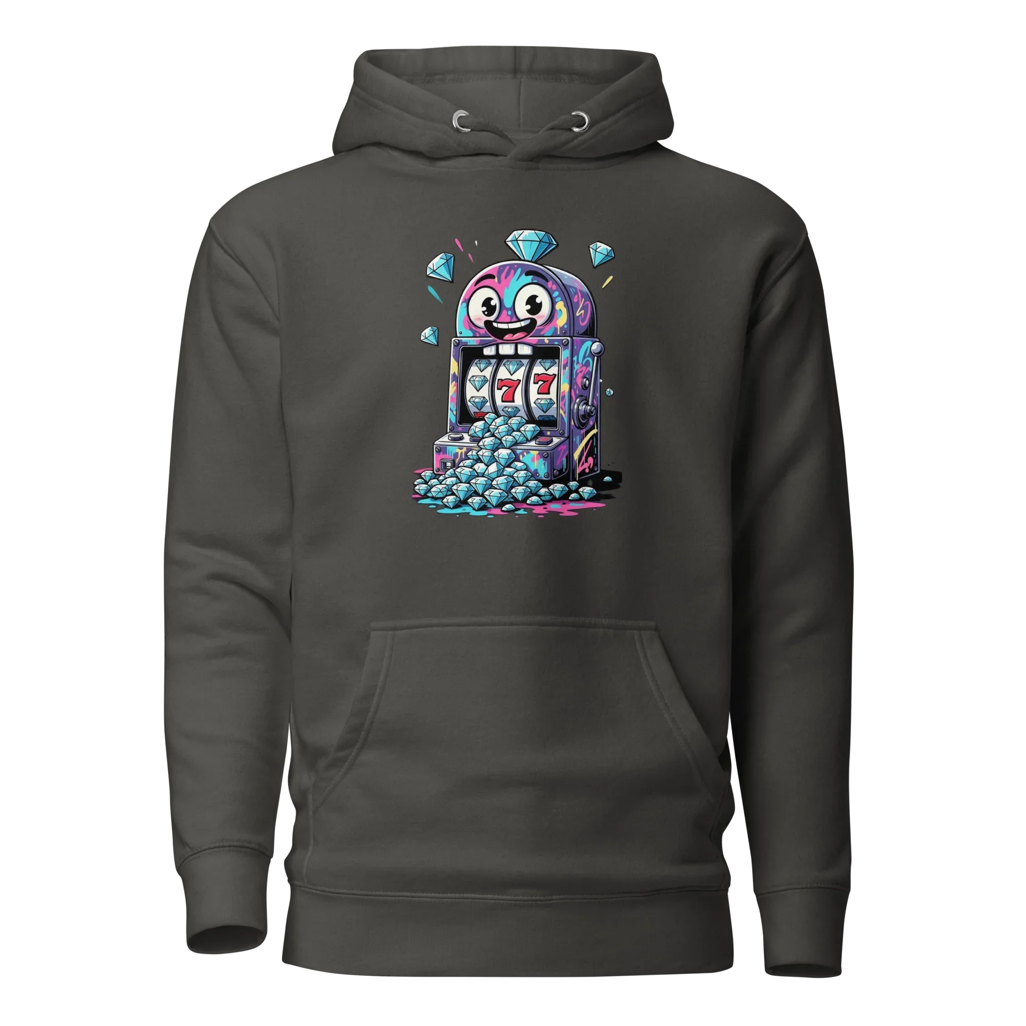 Quirky slot machine hoodie with colorful 777 design and diamond graphics for players