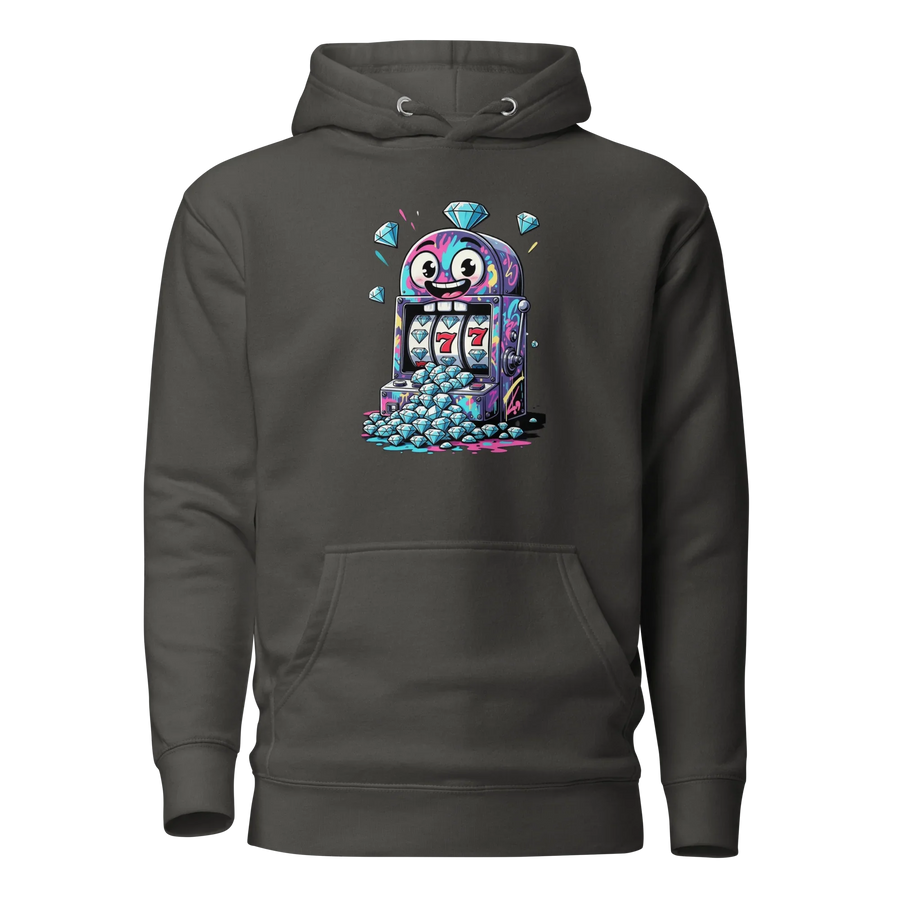 Quirky slot machine hoodie with colorful 777 design and diamond graphics for players