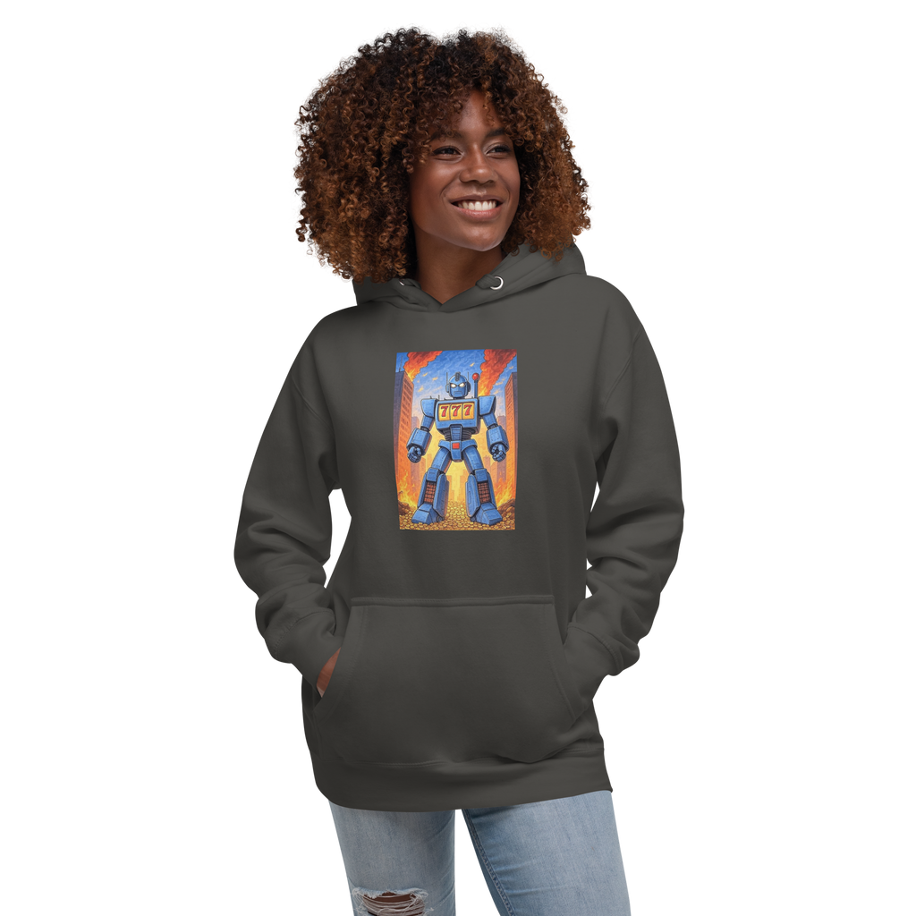 Woman wearing dark hoodie with blue robot graphic featuring 777 slot machine design, fiery city background