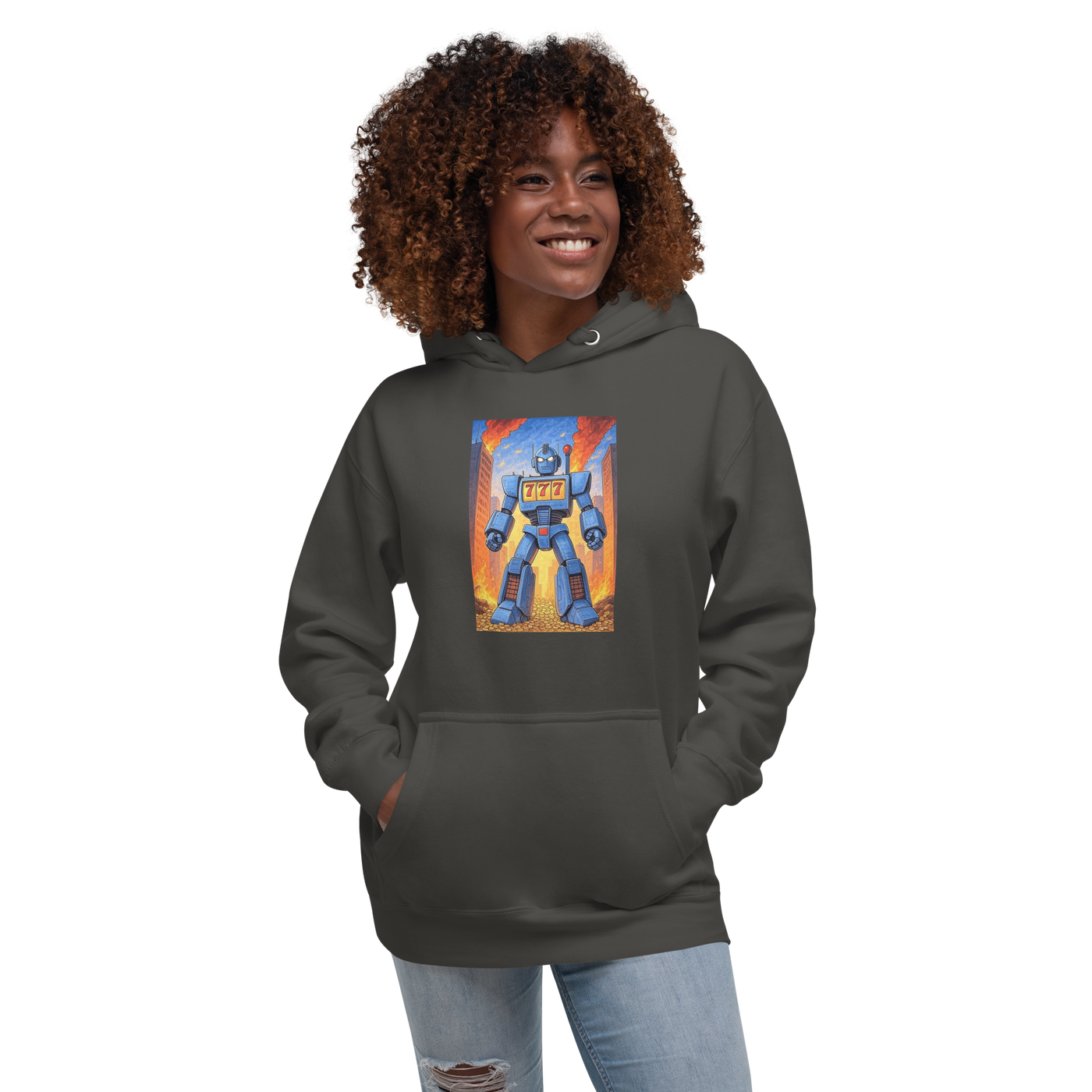 Woman wearing dark hoodie with blue robot graphic featuring 777 slot machine design, fiery city background