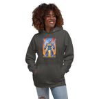 Woman wearing dark hoodie with blue robot graphic featuring 777 slot machine design, fiery city background