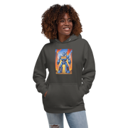 Woman wearing dark hoodie with blue robot graphic featuring 777 slot machine design, fiery city background