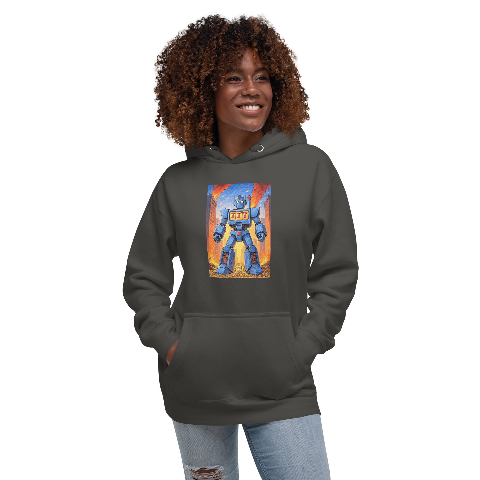 Woman wearing dark hoodie with blue robot graphic featuring 777 slot machine design, fiery city background