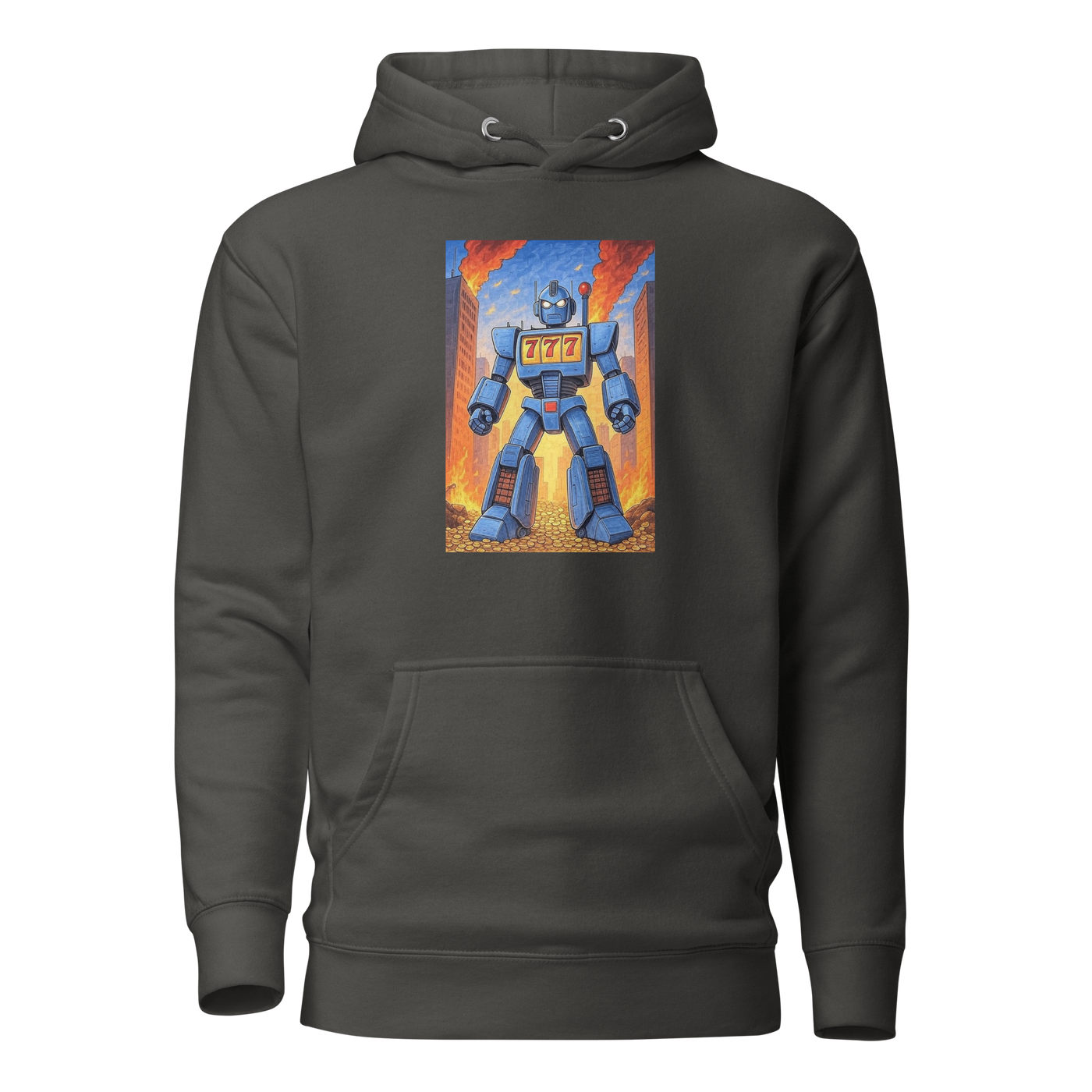 Gray hoodie with blue robot design featuring 777, perfect for slot-themed fashion lovers