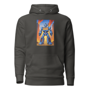 Gray hoodie with blue robot design featuring 777, perfect for slot-themed fashion lovers