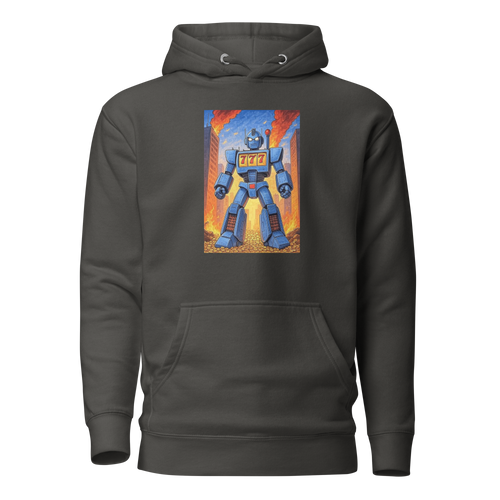 Gray hoodie with blue robot design featuring 777, perfect for slot-themed fashion lovers