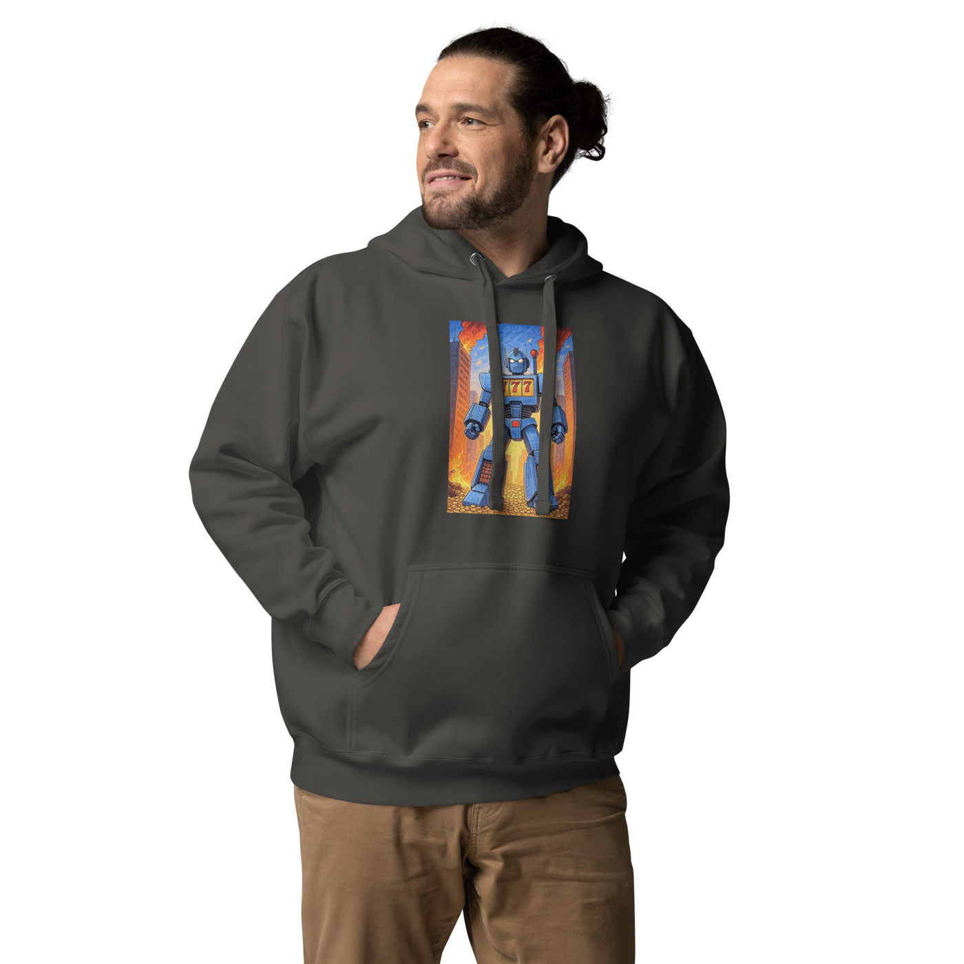 Man wearing dark hoodie with robot and 777 slot design, quirky gaming apparel