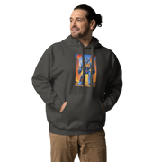 Man wearing dark hoodie with robot and 777 slot design, quirky gaming apparel