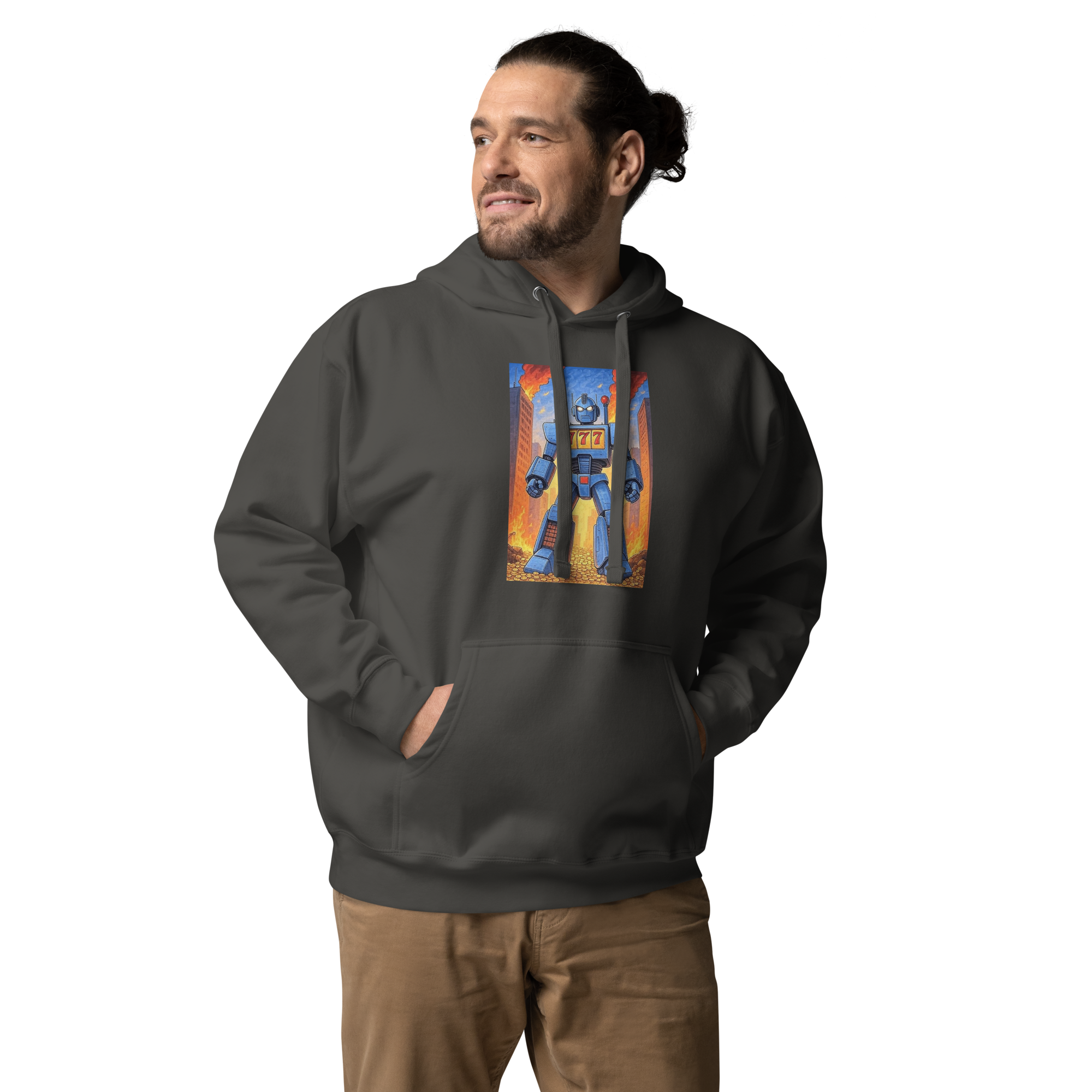 Man wearing dark hoodie with robot and 777 slot design, quirky gaming apparel