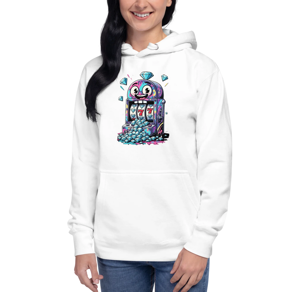White hoodie with colorful slot machine graphic, diamonds, and lucky 7s for casino fans