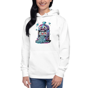 White hoodie with colorful slot machine graphic, diamonds, and lucky 7s for casino fans