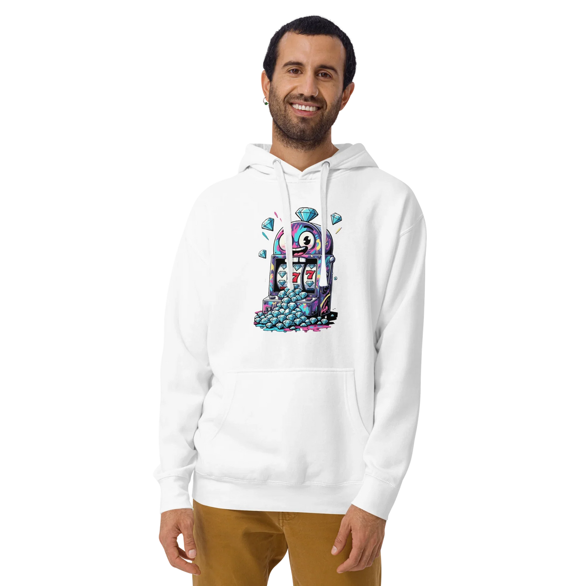 White hoodie with colorful slot machine graphic, featuring diamonds and lucky 7s for casino-themed fashion.
