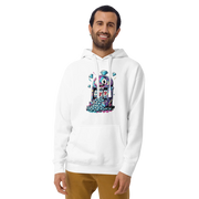 White hoodie with colorful slot machine graphic, featuring diamonds and lucky 7s for casino-themed fashion.